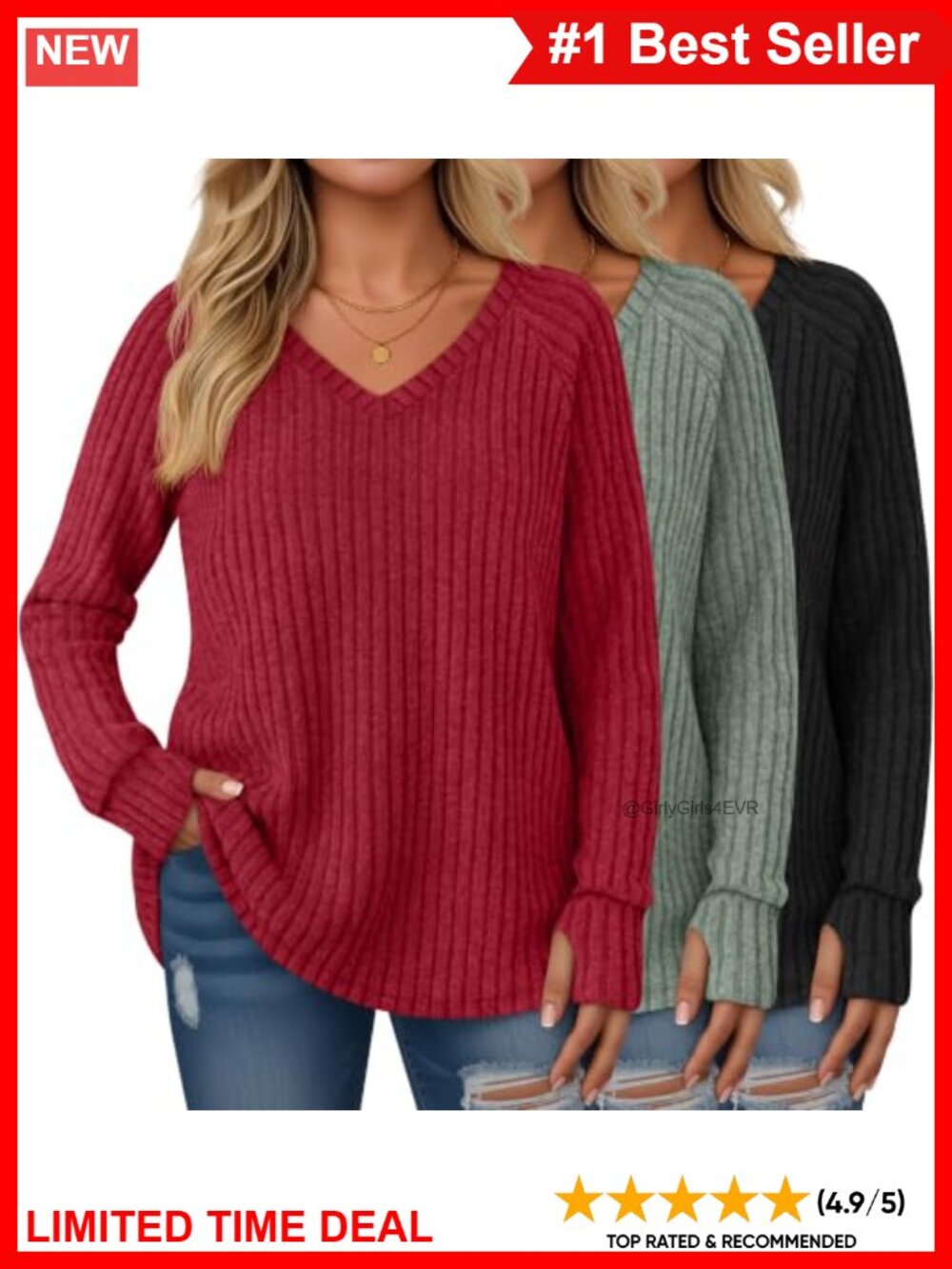 Plus Size Tunic Sweaters 3 Pack Brushed Rib Knit V Neck Thumbhole